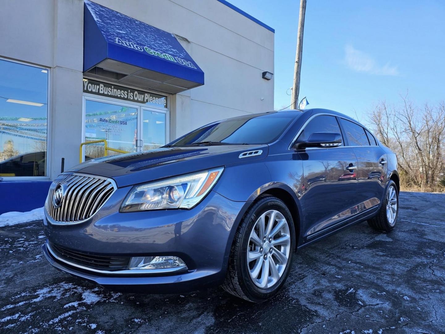 2014 GREY BLUE /TAN lEATHER Buick LaCrosse Leather Package (1G4GB5G34EF) with an 3.6L V6 DOHC 24V FFV engine, 6-Speed Automatic transmission, located at 502 South Main Street, Columbia City, IN, 46725, (260) 244-4645, 41.151382, -85.490578 - Photo#0